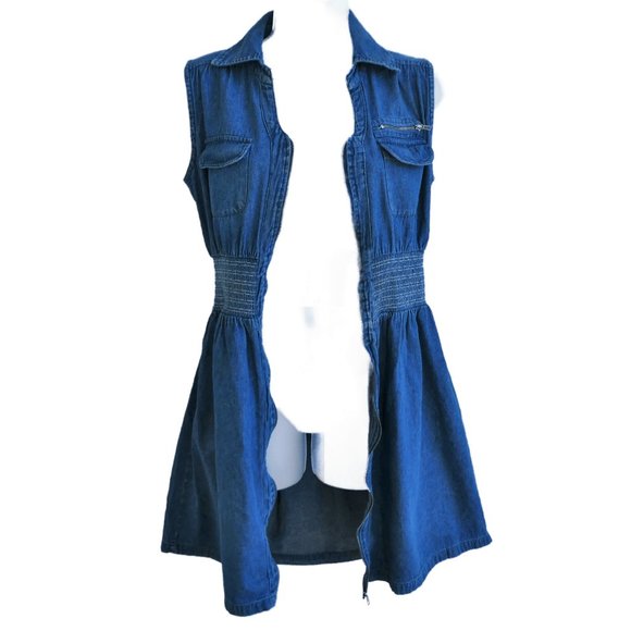 Vintage Denim Dress Full Zipper Smocked Waist Chest Flap Pockets Cotton India M - Picture 4 of 7